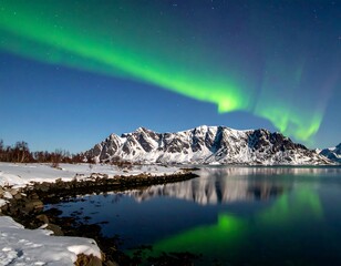 Scenic night view of northern lights above snow-covered mountains