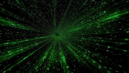 A dynamic green tunnel, constructed of luminous lines and dots, expands from a dark center