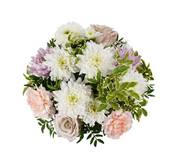 Bouquet of pink and white flowers in a round floral arrangement isolated on white or transparent background. Top view.