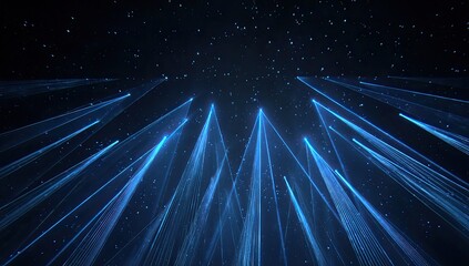 Electric blue light beams radiating upward, emanating from below against a starry night sky