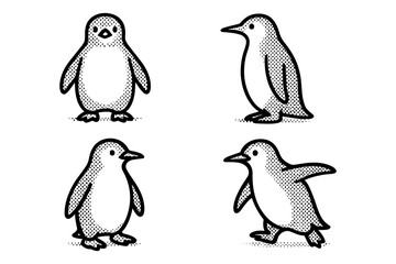 Naklejka premium Cute penguin set in vintage retro pop art style