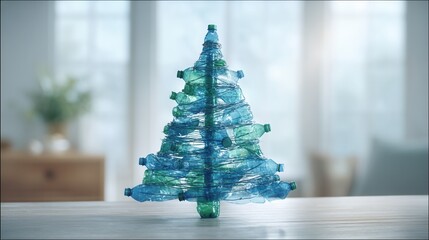 eco friendly christmas Decorative wire Christmas tree with blue and green bottles.