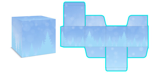3D box with matching flat net layout. Clean geometric packaging design for product visualization and branding.