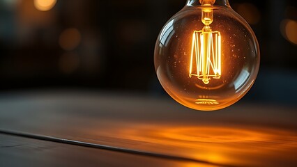 Close-up of a glowing light bulb on wood, symbolizing ideas and innovation.