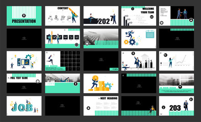 Presentation, powerpoint, launch of a new business project. Infographic design template, green elements, black background, set. Team of people creating a business. Mobile app. Vector illustration