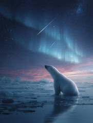 Polar bear sitting on ice, aurora sky