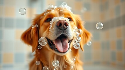 Playful golden retriever covered in soap bubbles, exuding joy against a soft pastel background.