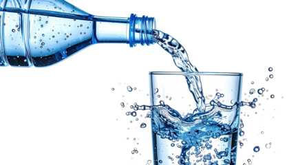 A clear plastic bottle pours water into a glass, droplets splash against a black backdrop