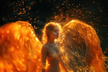 Naklejka premium A woman with radiant, glowing wings stands against a dramatic fiery backdrop, bathed in warm light, creating an ethereal and magical scene.