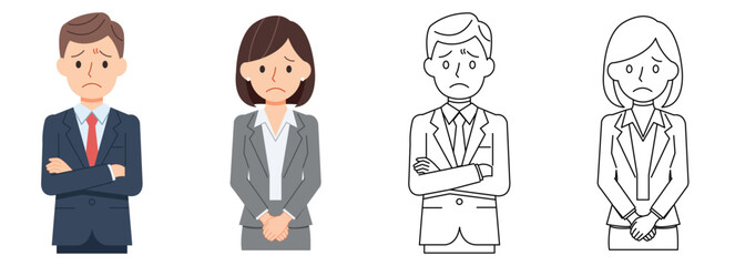 Sad Business People Set &ndash; Male and Female Office Workers in Color and Outline Version