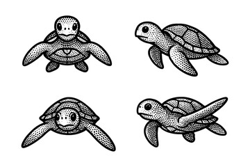 Obraz premium Hand drawn black and white sea turtles in vintage pop art style
