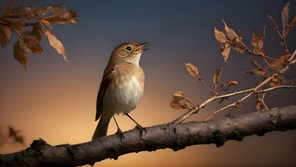 Nightingale sitting on a tree branch surrounded by lush foliage and soft natural light creating a serene forest scene highlighting detailed feathers in a natural wildlife environment