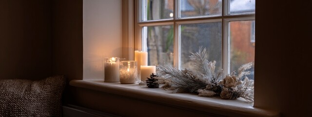 Window with candles and fir branches glowing in soft evening light. Concept winter calm, warm atmosphere, quiet holiday mood. banner 