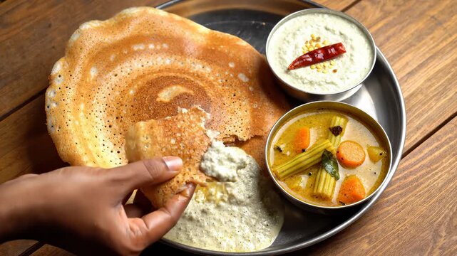 Eating Dosa With Coconut Chutney and Sambar on a Wooden Table