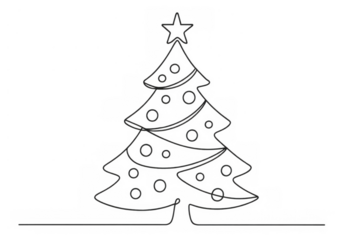 Christmas tree with star and ornaments in one continuous line art drawing, creating a minimal holiday design on a transparent background