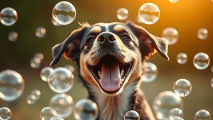 Playful dog surrounded by floating soap bubbles in a cheerful and warm natural setting.