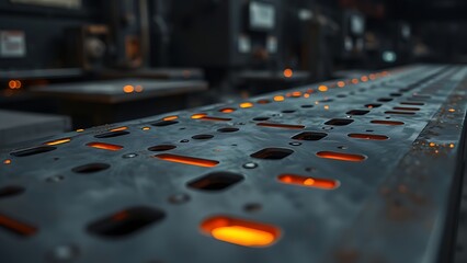 Industrial metal surface with glowing orange edges in a dark workshop, showcasing precise geometric cuts.