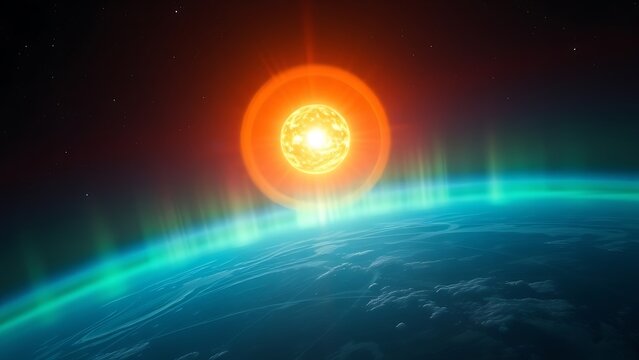 A painterly solar corona explosion with rippling aurora energy cascading toward a small blue planet.
