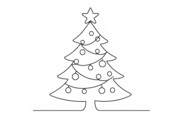 Minimalist christmas tree line art, drawing a festive holiday decoration with star and baubles, transparent background