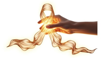A hand holds a gold ribbon radiating light against a white background