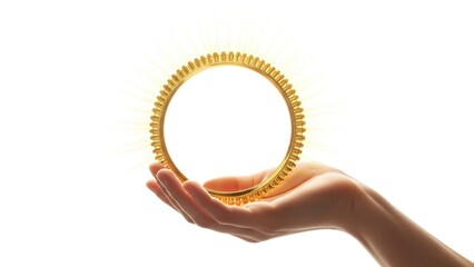 A hand holds a gold ring with a halo glow against a bright white background