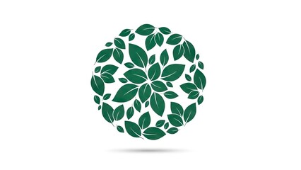 A circular arrangement of green leaves on a white background casts a subtle shadow
