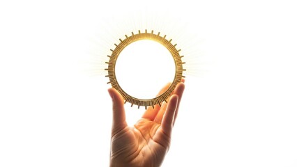 A hand holds a golden ring emitting light on a white background