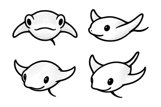 Minimalist black and white stingray faces with dotted texture design