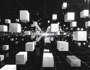 Futuristic perspective with floating cubes and grid in grayscale