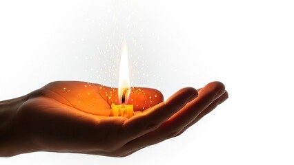 A hand holds a lit candle with light emanating and sparks around it against a white background