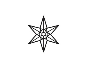 Obraz premium Black star design, multiple points with circle center. Against plain white background