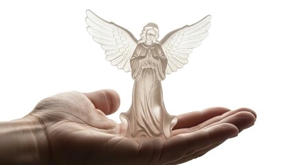 A frosted glass angel figurine is cradled in an open palm against a white backdrop