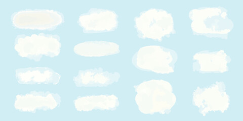 Watercolor cloudy color stains set. Delicate, weightless, light, translucent brush strokes. Calm and innocent, elegant backgrounds for design. Vector graphics