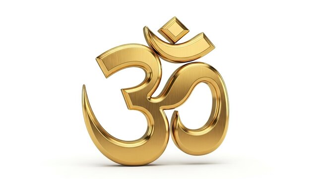 Golden Om symbol in 3D against a white background detailed metallic texture