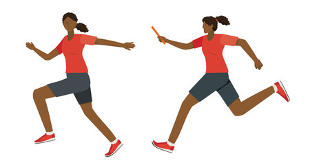 Relay Baton Handover Runners Illustration set – Track and Field Sprint Athletes, Black women