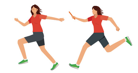 Relay Baton Handover Runners Illustration set – Track and Field Sprint Athletes, Asian women