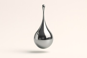 A floating silver metallic liquid drop on a plain background in a minimalist style