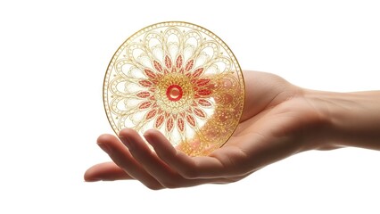 Hand cradling a translucent ornate golden and red circular ornament