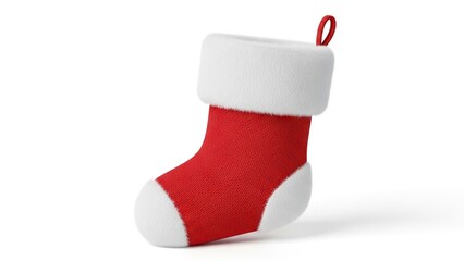 Red Christmas stocking with white fur trim hanging loop casting soft shadow