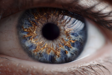 gemstone eye iris and pupil with crystalline facets glowing like precious jewels in macro detail