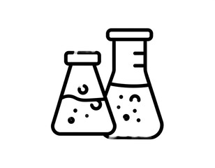 Black and white illustration of two laboratory flasks, one smaller, one larger