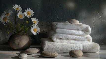 A spa scene with white towels rocks and flowers Created with Generative AI technology