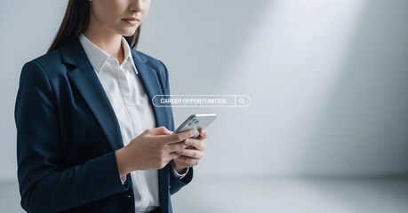 Professional Woman Browsing Job Opportunities on Smartphone in Formal Business Attire, Using Smartphone In Modern Office Setting, Woman In Business Attire