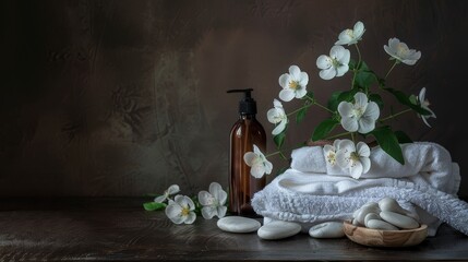 A spa scene with white towels rocks and flowers Created with Generative AI technology