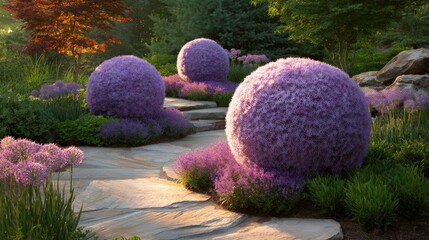 Sculptural purple flowering plants line a natural stone pathway winding through a verdant garden setting