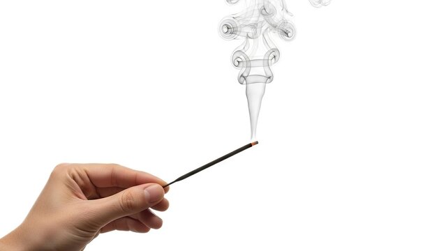 Hand holding a lit incense stick with swirling smoke against a white background - Powered by Adobe
