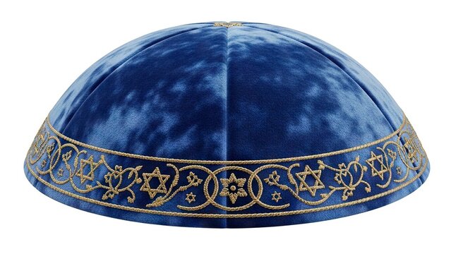 Blue kippah with embroidered Star of David gold trim and velvet texture on a white backdrop