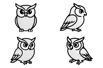 Obraz premium Cartoon dotwork owl set with diverse poses and vintage style