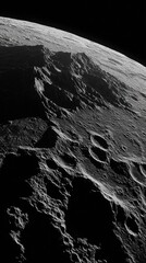 High-quality macro view of an edge of the moon, showing its craters