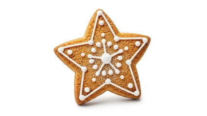 Starshaped gingerbread cookie decorated with white icing and sugar